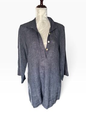 Paperwhite 100% Linen 3/4 Sleeve Tunic Dress in blue / gray
